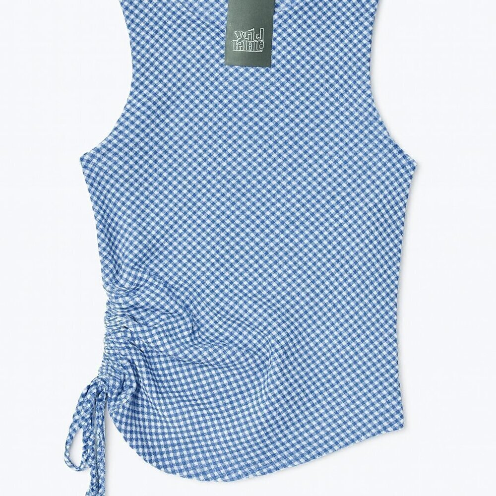 Wild Fable Blue Gingham Checkered Ruched Side Tie Tank Top XS NWT - Picture 1 of 7